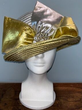 Gold and Silver Statement Women’s Hat With Rhinestone Brooch Derby Church